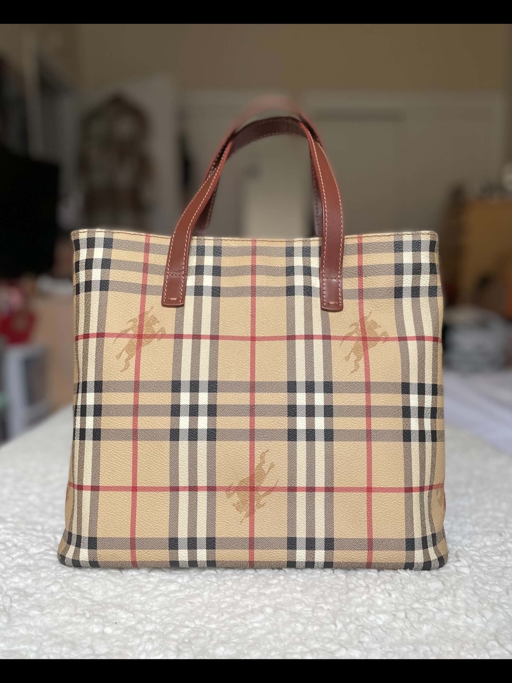 Burberry Plaid Canvas Tote Bag with Brown Leather Handles - Beige/Red/Black